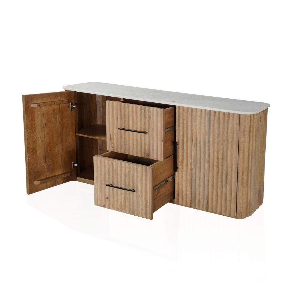 63" Brown And White Solid Wood And Marble Ribbed Texture Sideboard with Two Doors — view 3