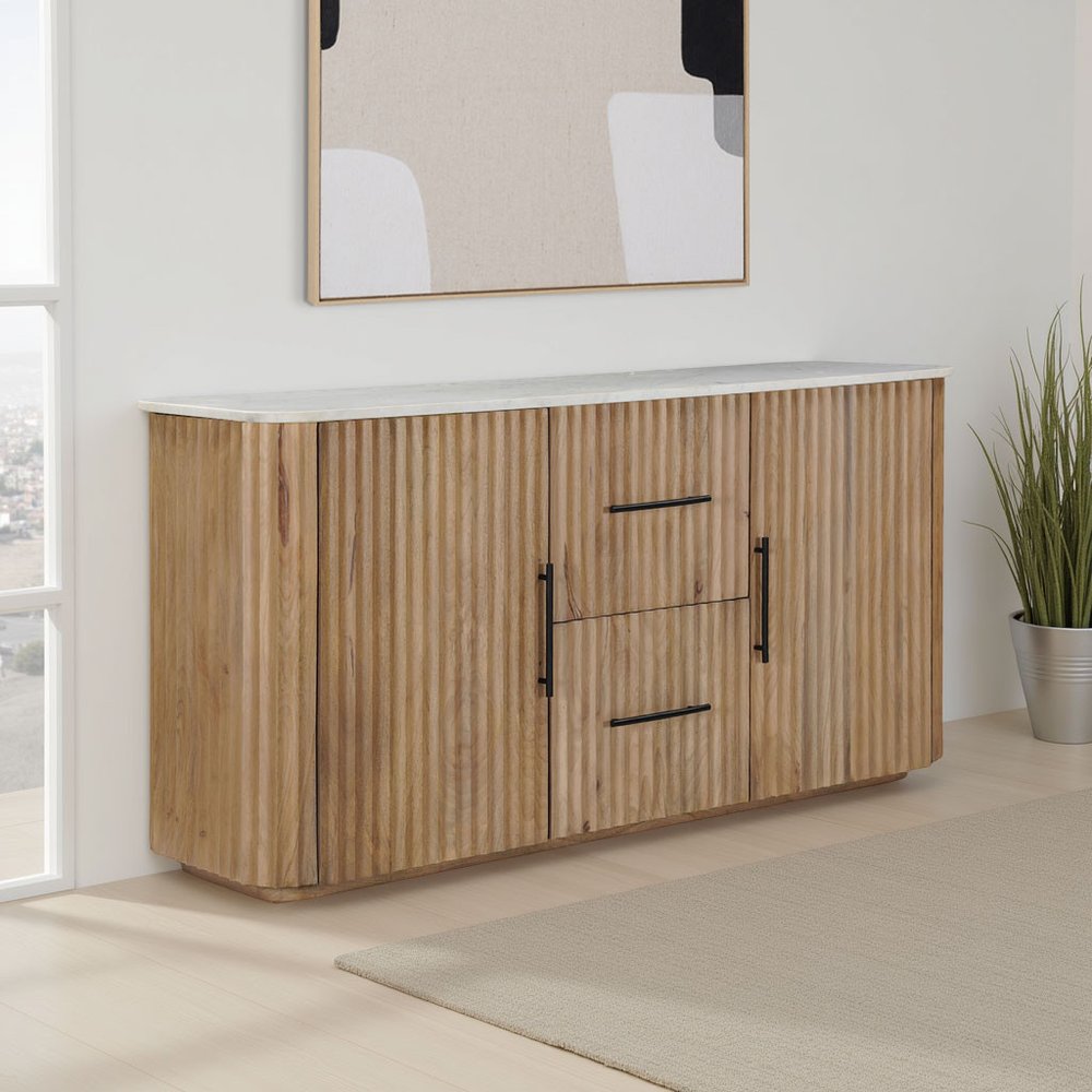 63" Brown And White Solid Wood And Marble Ribbed Texture Sideboard with Two Doors — view 7