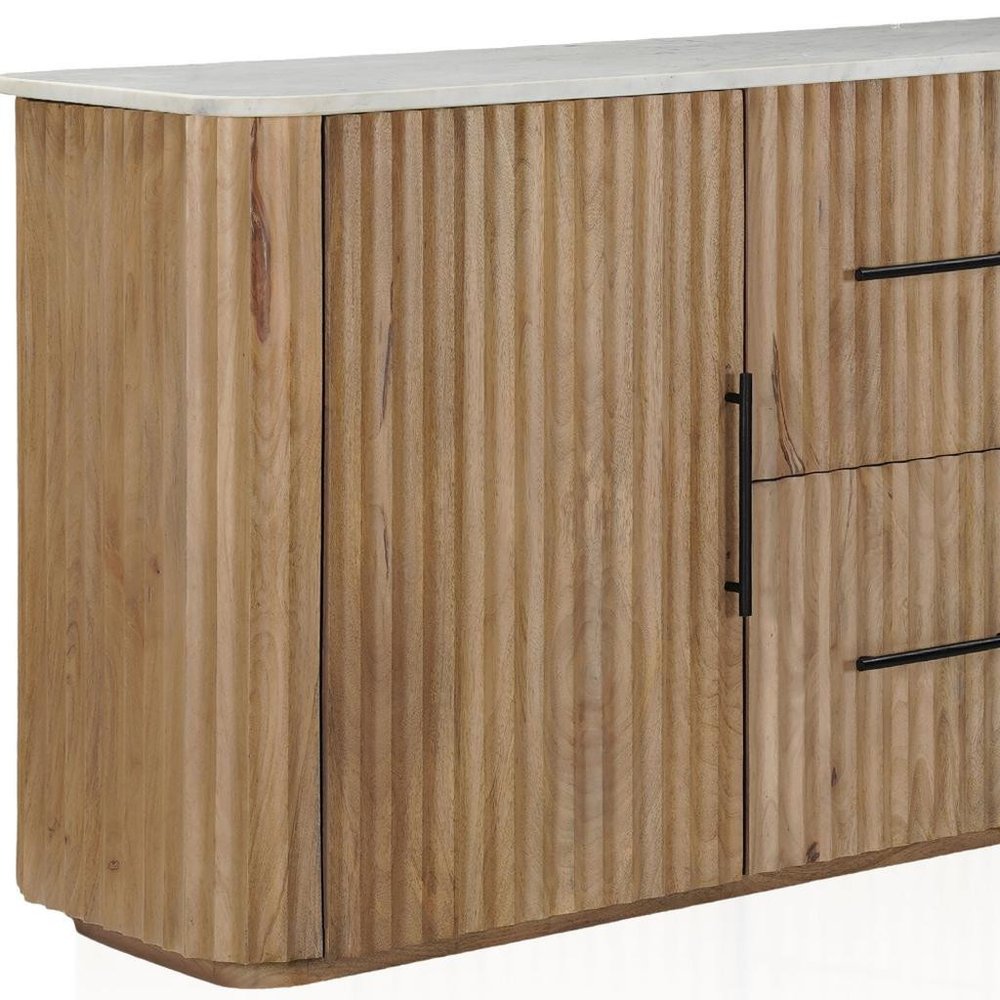63" Brown And White Solid Wood And Marble Ribbed Texture Sideboard with Two Doors — view 9