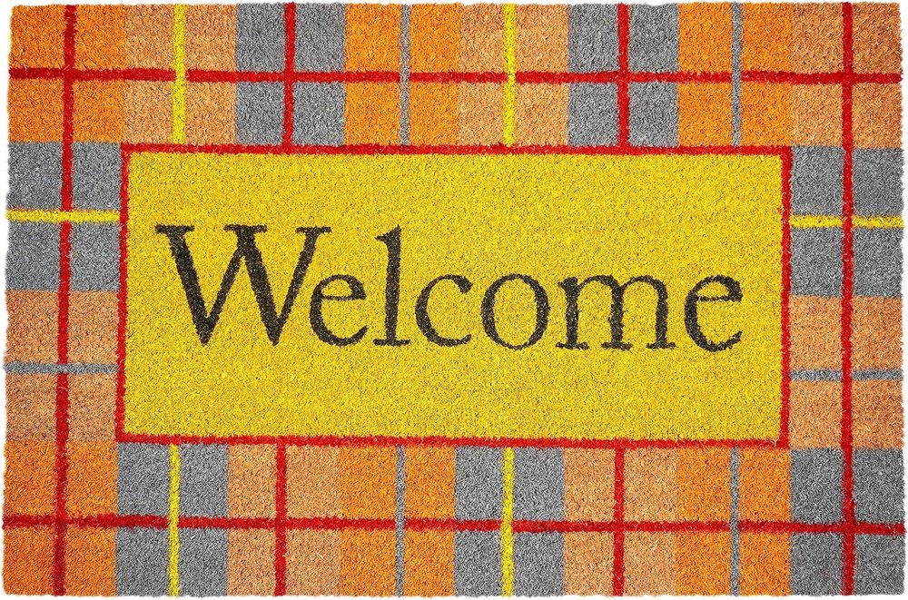 17" X 29" Gray Natural Orange And Yellow Fall Plaid Welcome Outdoor Coir Door Mat — view 1