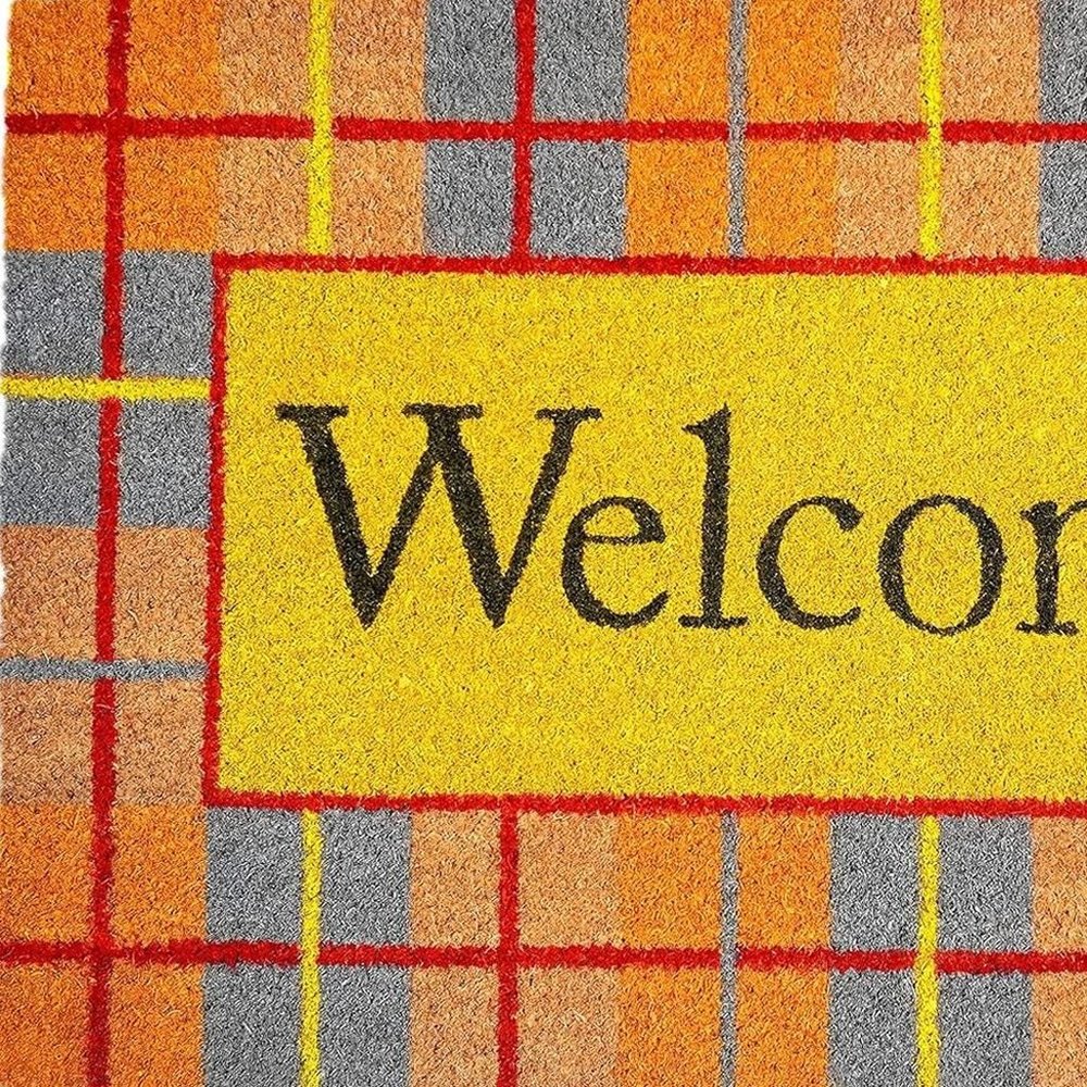 17" X 29" Gray Natural Orange And Yellow Fall Plaid Welcome Outdoor Coir Door Mat — view 2