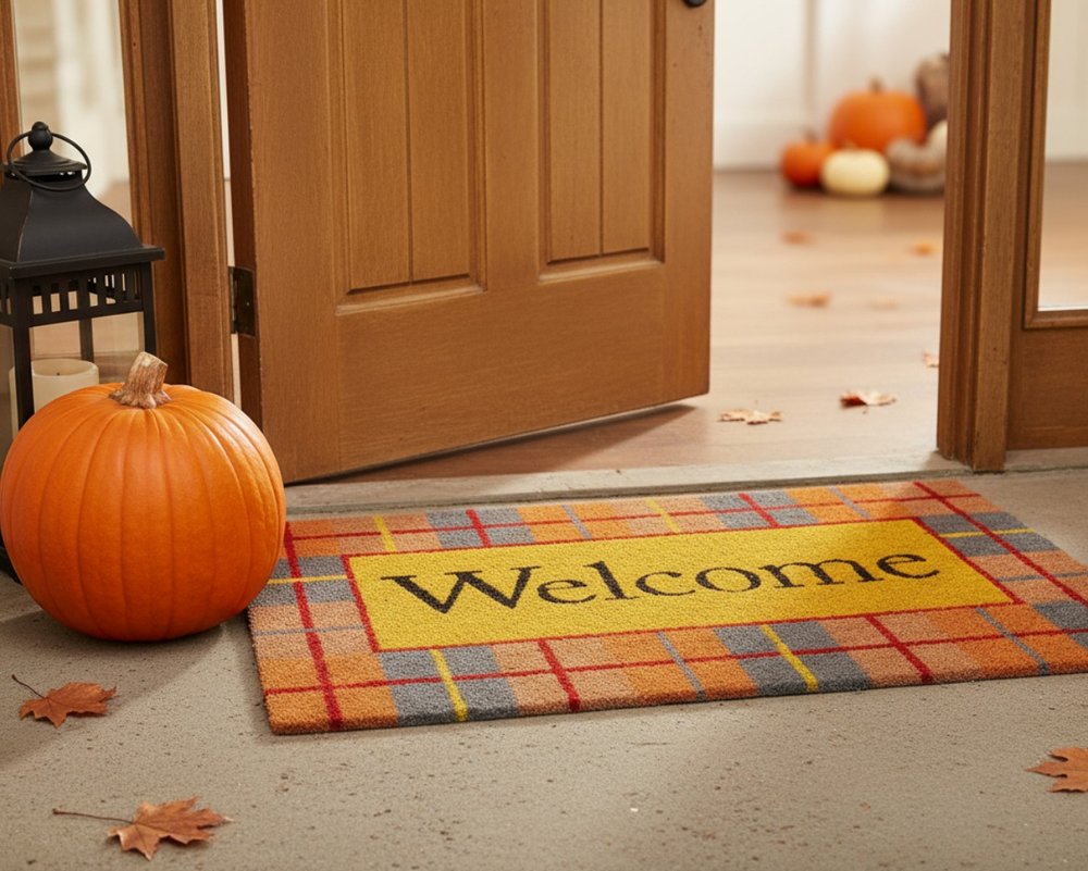 17" X 29" Gray Natural Orange And Yellow Fall Plaid Welcome Outdoor Coir Door Mat — view 4