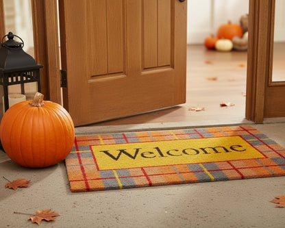 17" X 29" Gray Natural Orange And Yellow Fall Plaid Welcome Outdoor Coir Door Mat HomeRoots