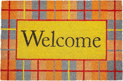 17" X 29" Gray Natural Orange And Yellow Fall Plaid Welcome Outdoor Coir Door Mat HomeRoots
