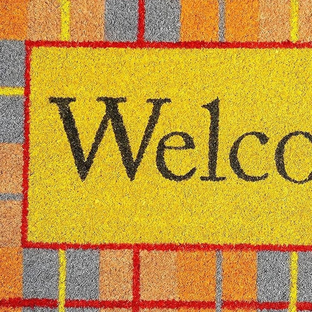 17" X 29" Gray Natural Orange And Yellow Fall Plaid Welcome Outdoor Coir Door Mat HomeRoots