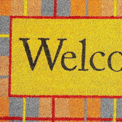 17" X 29" Gray Natural Orange And Yellow Fall Plaid Welcome Outdoor Coir Door Mat HomeRoots
