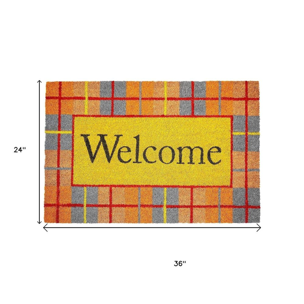 17" X 29" Gray Natural Orange And Yellow Fall Plaid Welcome Outdoor Coir Door Mat HomeRoots