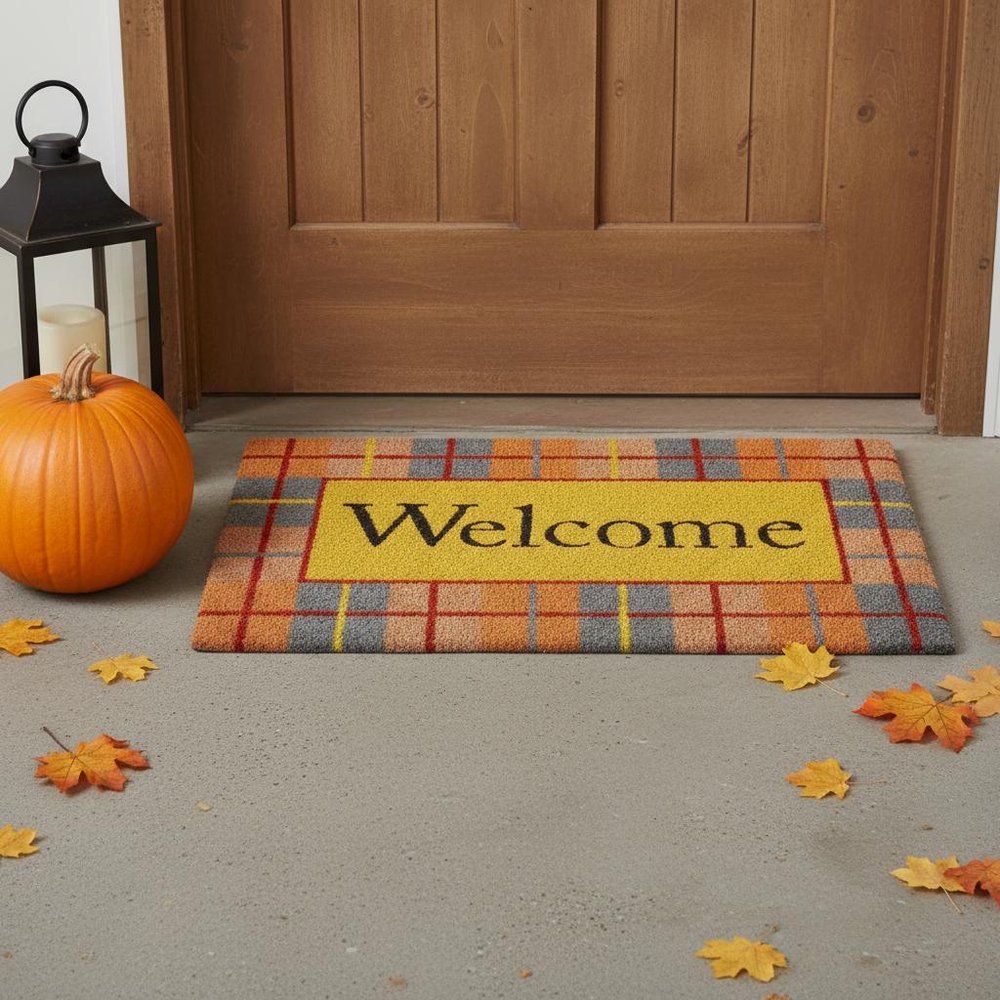 17" X 29" Gray Natural Orange And Yellow Fall Plaid Welcome Outdoor Coir Door Mat HomeRoots