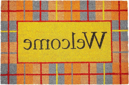 17" X 29" Gray Natural Orange And Yellow Fall Plaid Welcome Outdoor Coir Door Mat HomeRoots