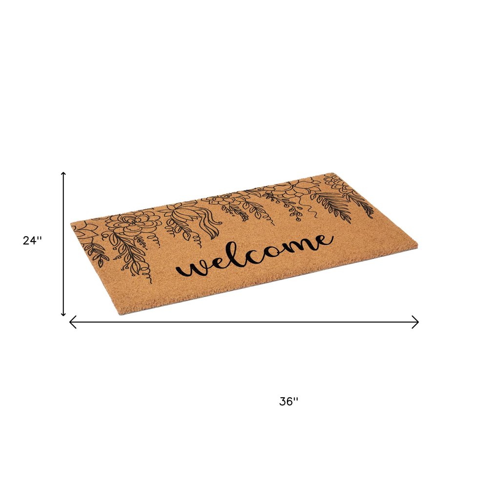 17" X 29" Brown And Natural Floral Welcome Outdoor Coir Door Mat HomeRoots