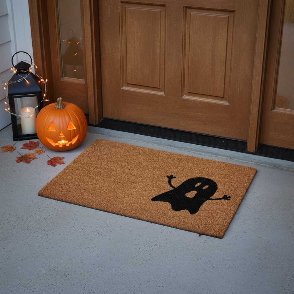 24" X 36" Natural And Black Halloween Ghost Outdoor Coir Door Mat