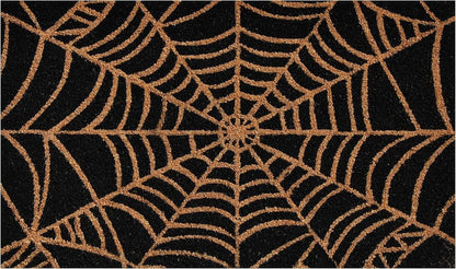17" X 29" Black And Natural Halloween Spider Web Outdoor Coir Door Mat