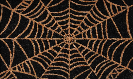 17" X 29" Black And Natural Halloween Spider Web Outdoor Coir Door Mat