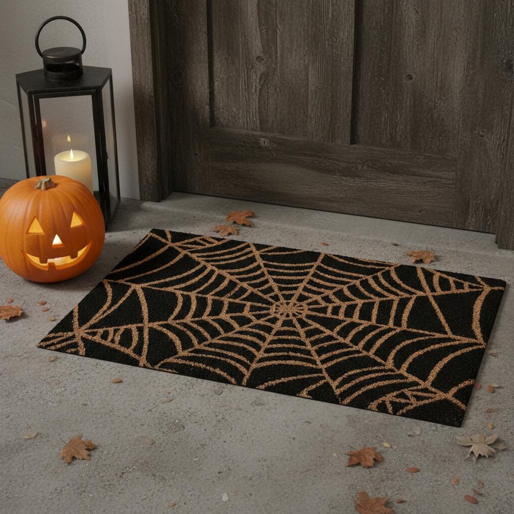17" X 29" Black And Natural Halloween Spider Web Outdoor Coir Door Mat