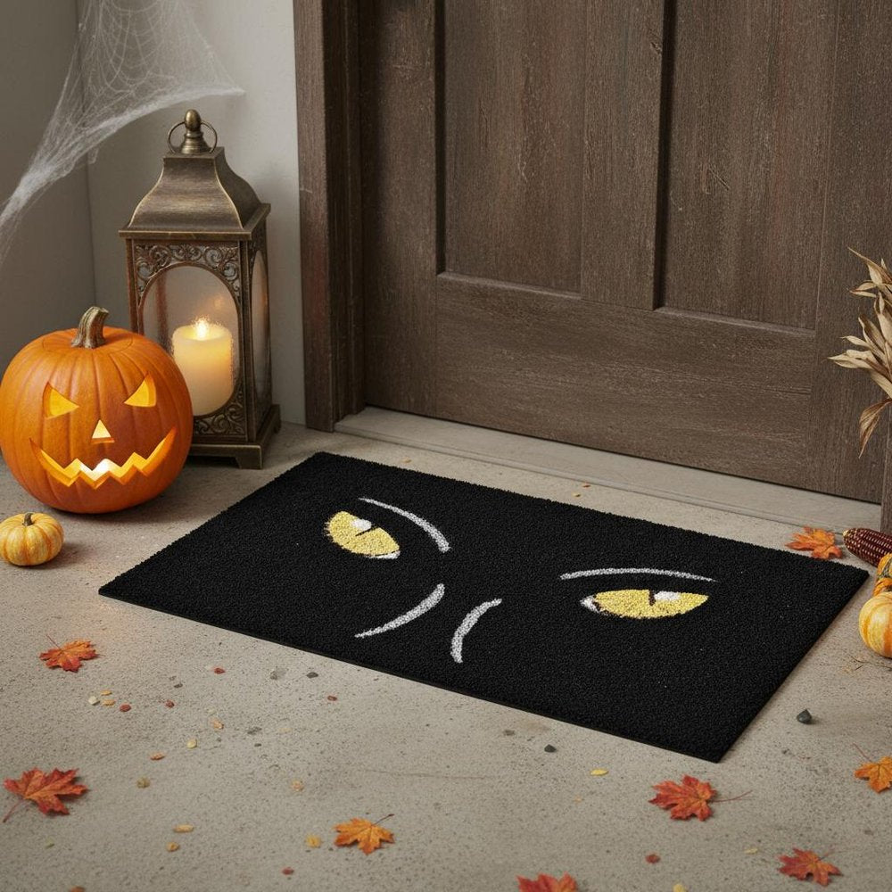 17" X 29" Black And White Halloween Black Cat Outdoor Coir Door Mat