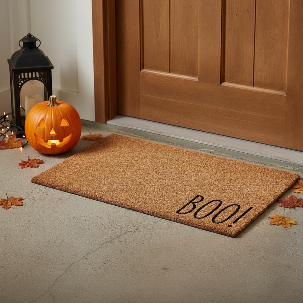 17" X 29" Brown And Natural Halloween Boo Outdoor Coir Door Mat HomeRoots