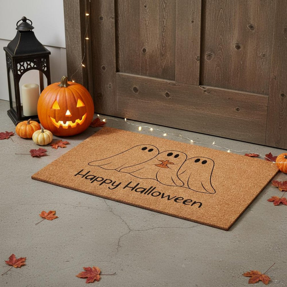 17" X 29" Black And Natural Happy Halloween Outdoor Coir Door Mat — view 1
