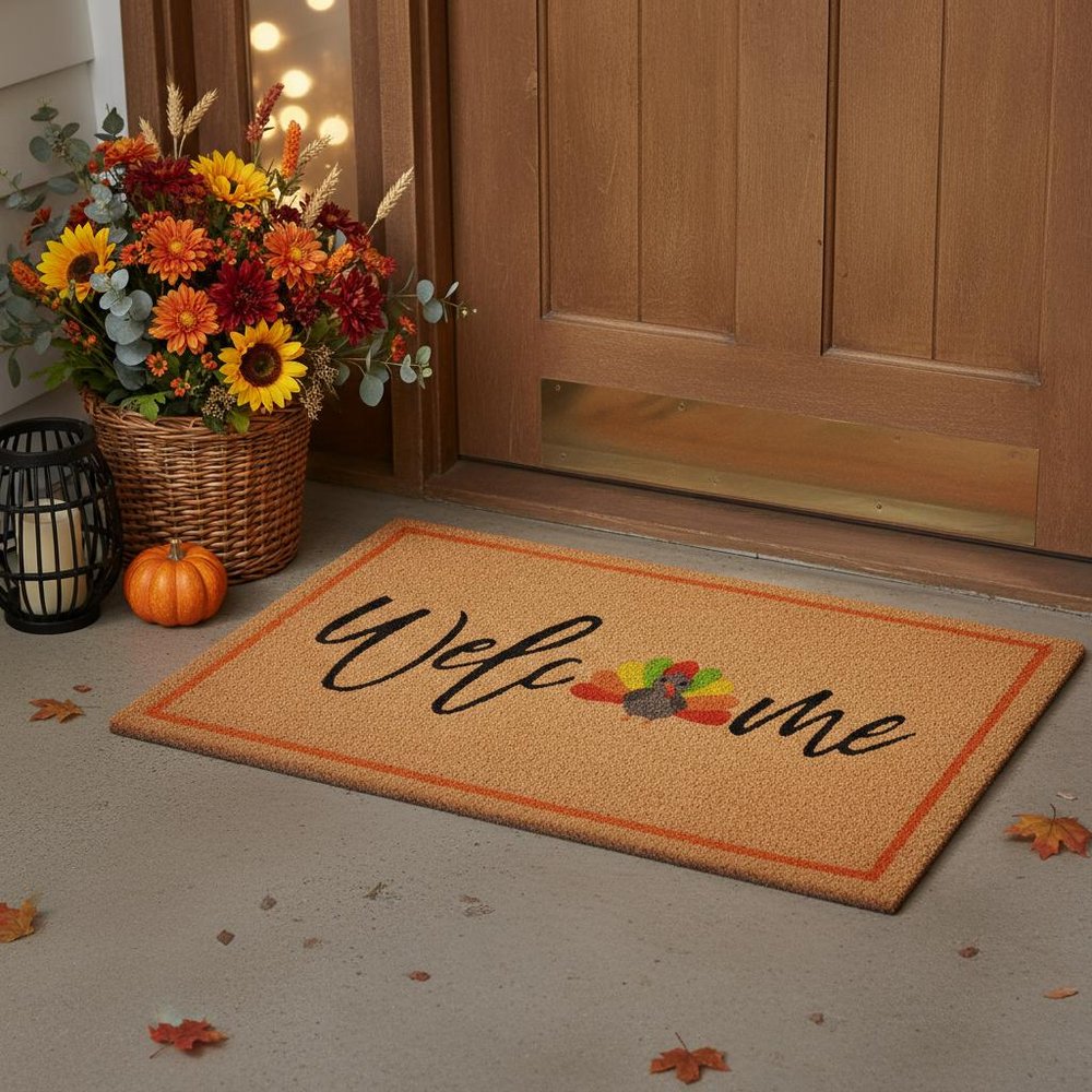 17" X 29" Natural And Brown Thanksgiving Welcome Outdoor Coir Door Mat HomeRoots