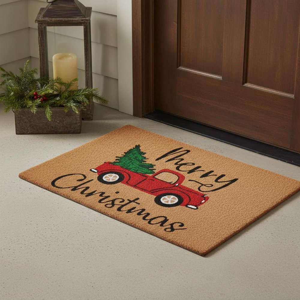 24" X 36" Brown Red And Green Christmas Merry Christmas Outdoor Coir Door Mat