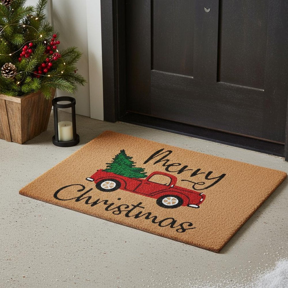 24" X 36" Brown Red And Green Christmas Merry Christmas Outdoor Coir Door Mat