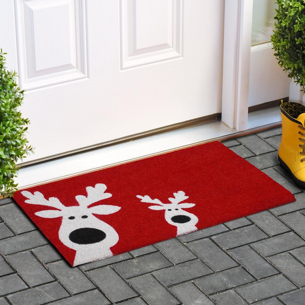 24" X 36" Red White And Black Christmas Reindeer Outdoor Coir Door Mat HomeRoots