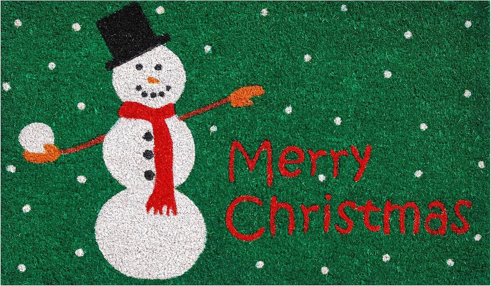 17" X 29" Green White And Red Christmas Snowman Merry Christmas Outdoor Coir Door Mat — view 1