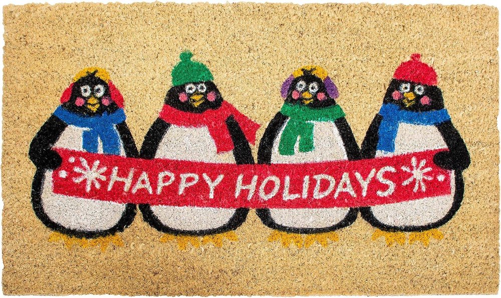 17" X 29" Brown White And Red Christmas Happy Holidays Outdoor Coir Door Mat