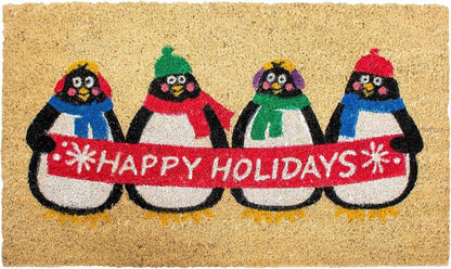 17" X 29" Brown White And Red Christmas Happy Holidays Outdoor Coir Door Mat