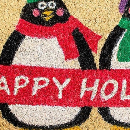 17" X 29" Brown White And Red Christmas Happy Holidays Outdoor Coir Door Mat