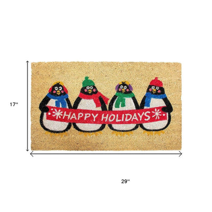 17" X 29" Brown White And Red Christmas Happy Holidays Outdoor Coir Door Mat