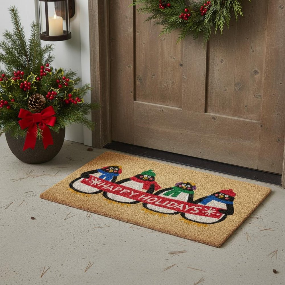 17" X 29" Brown White And Red Christmas Happy Holidays Outdoor Coir Door Mat — view 5