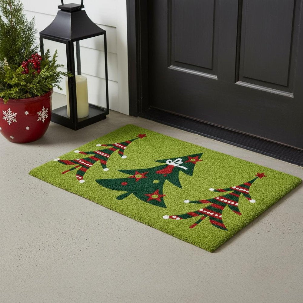 17" X 29" Green And Red Christmas Trees Outdoor Coir Door Mat HomeRoots