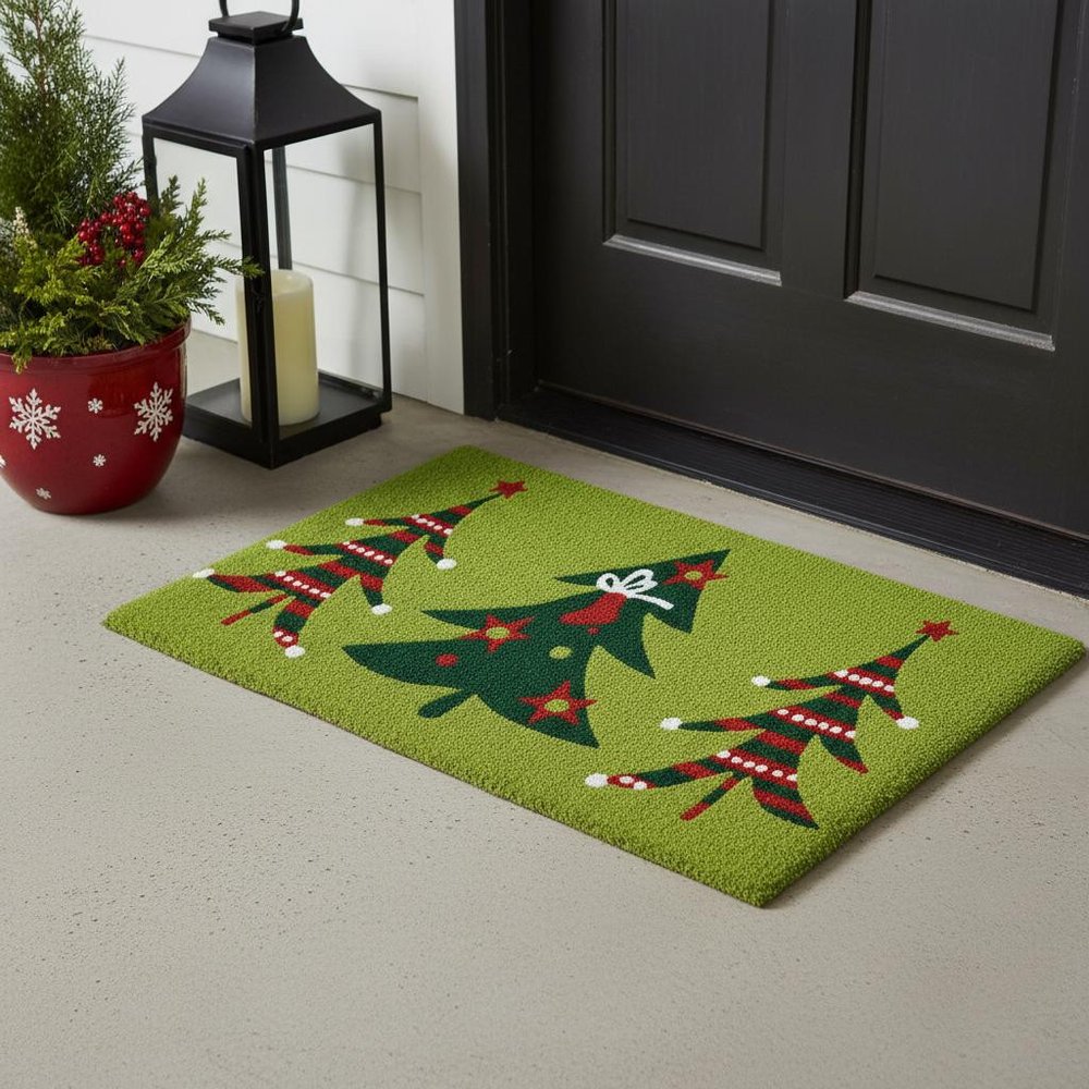 24" X 36" Green And Red Christmas Trees Outdoor Coir Door Mat