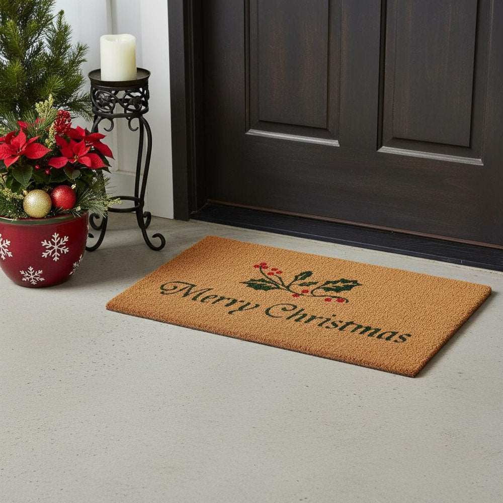 17" X 29" Brown And Dark Green Christmas Merry Christmas Outdoor Coir Door Mat HomeRoots