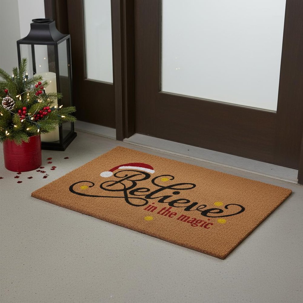 17" X 29" Brown Black And Red Christmas Believe Outdoor Coir Door Mat HomeRoots