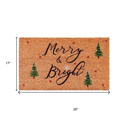 24" X 36" Brown Black And Green Christmas Merry and Bright Outdoor Coir Door Mat