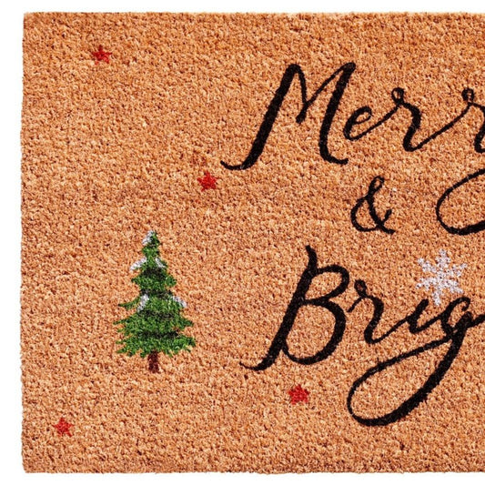 24" X 36" Brown Black And Green Christmas Merry and Bright Outdoor Coir Door Mat