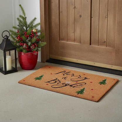 17" X 29" Brown Black And Green Christmas Merry and Bright Outdoor Coir Door Mat HomeRoots