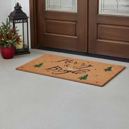 24" X 36" Brown Black And Green Christmas Merry and Bright Outdoor Coir Door Mat