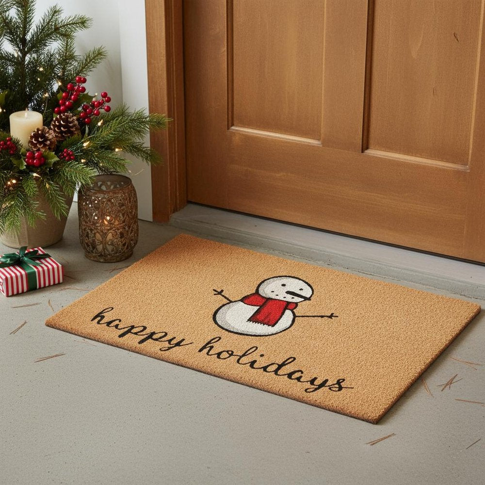17" X 29" Natural And White Coir Snowman Outdoor Christmas Door Mat HomeRoots