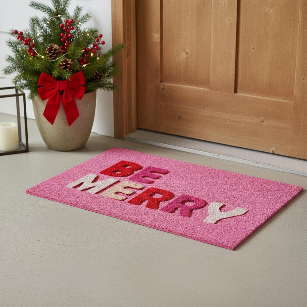 17" X 29" Pink Red And White Christmas Outdoor Coir Door Mat HomeRoots
