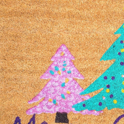 24" X 36" Brown Green And Pink Christmas Trees Merry Christmas Outdoor Coir Door Mat