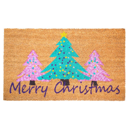 24" X 36" Brown Green And Pink Christmas Trees Merry Christmas Outdoor Coir Door Mat