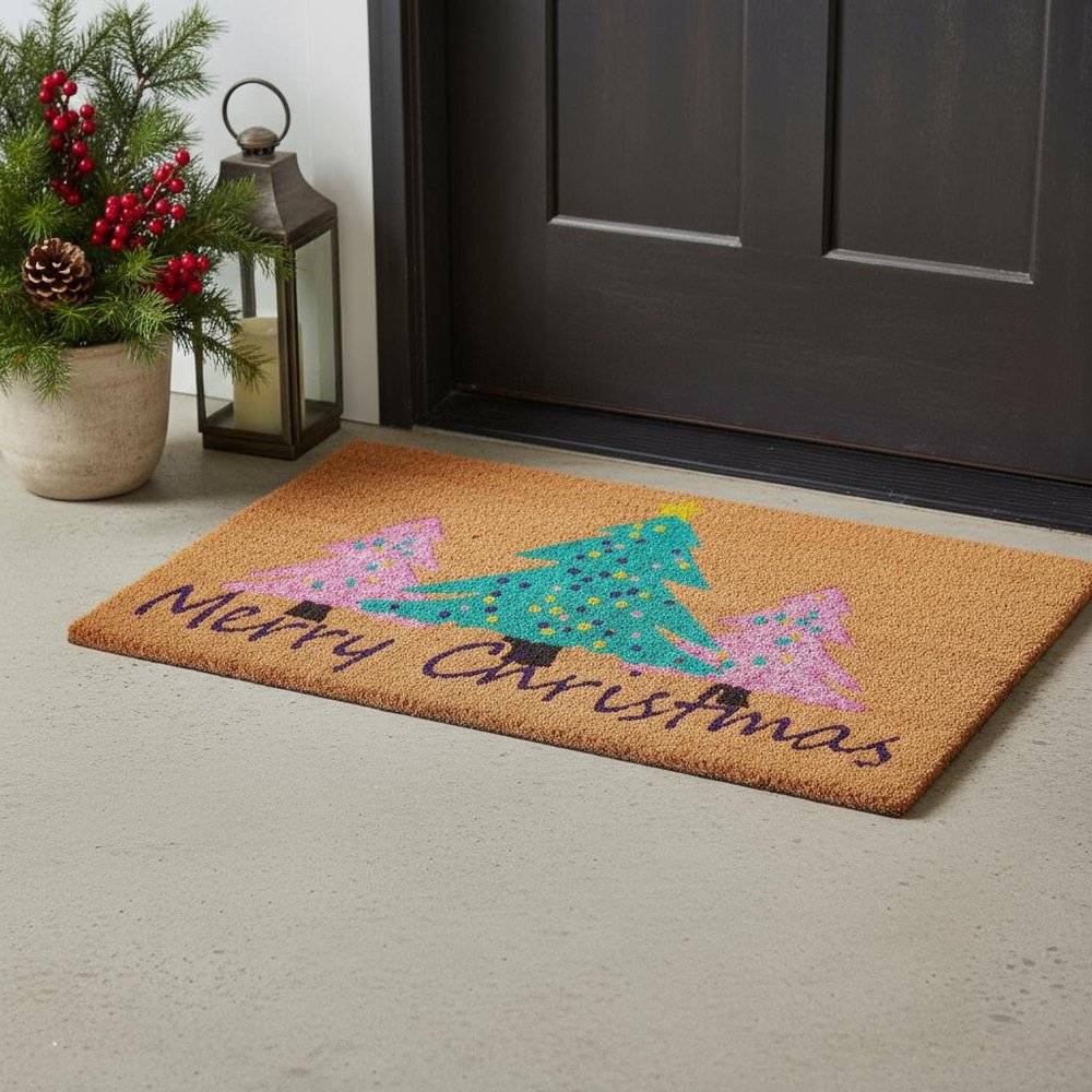 24" X 36" Brown Green And Pink Christmas Trees Merry Christmas Outdoor Coir Door Mat — view 6