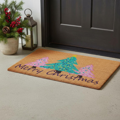 24" X 36" Brown Green And Pink Christmas Trees Merry Christmas Outdoor Coir Door Mat