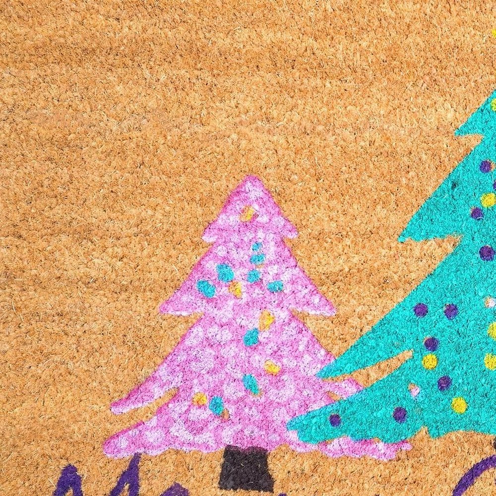 24" X 36" Brown Green And Pink Christmas Trees Merry Christmas Outdoor Coir Door Mat