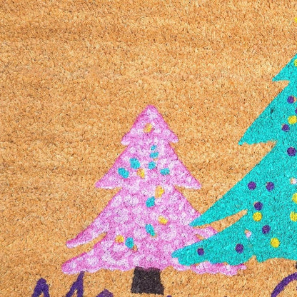 24" X 36" Brown Green And Pink Christmas Trees Merry Christmas Outdoor Coir Door Mat HomeRoots