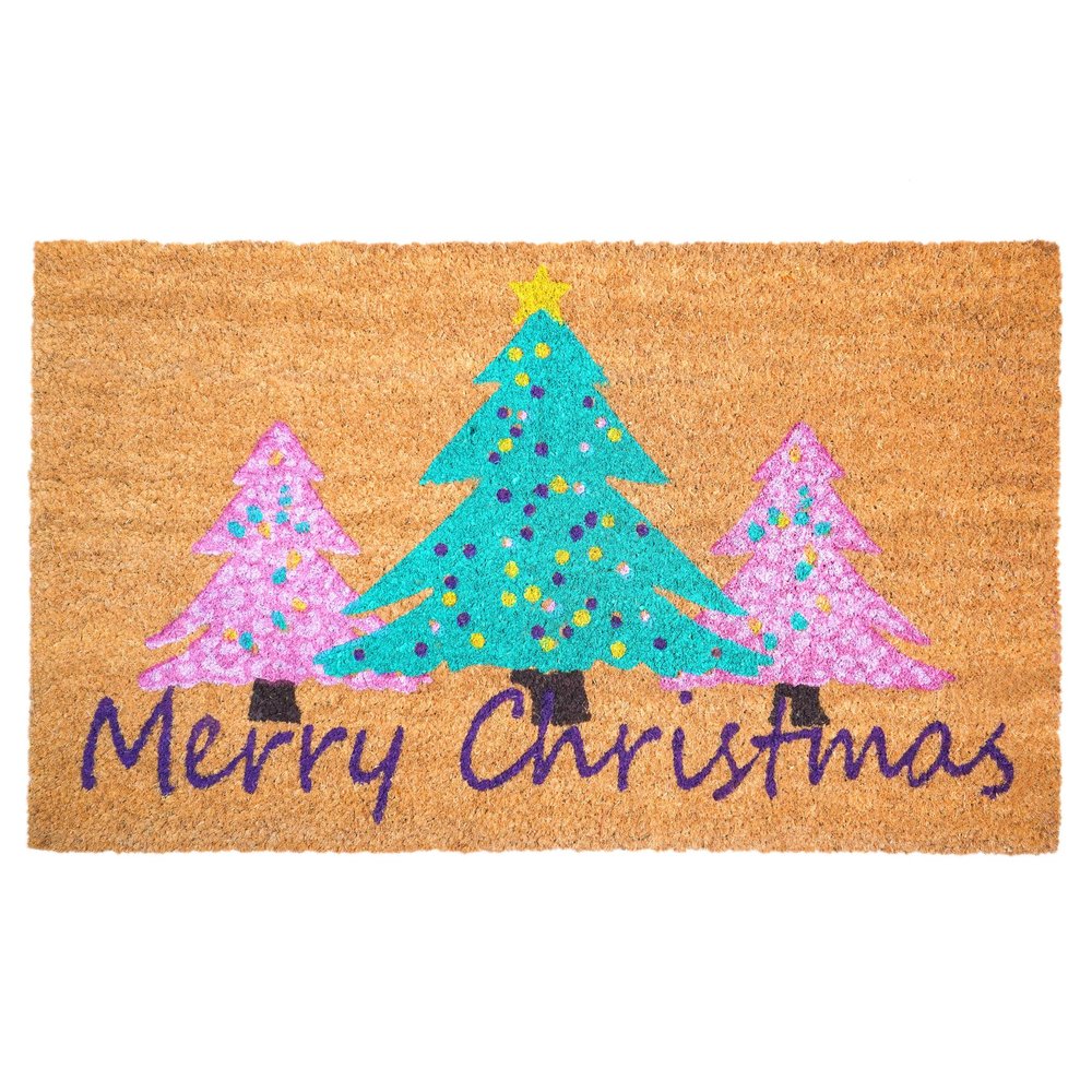 24" X 36" Brown Green And Pink Christmas Trees Merry Christmas Outdoor Coir Door Mat