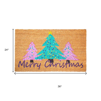 24" X 36" Brown Green And Pink Christmas Trees Merry Christmas Outdoor Coir Door Mat