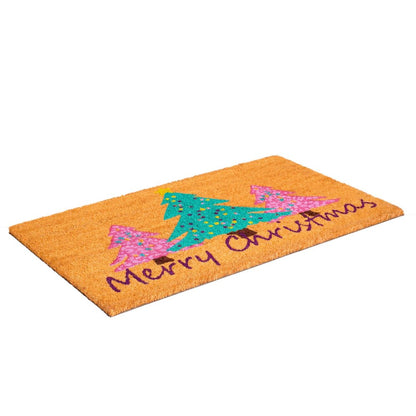 24" X 36" Brown Green And Pink Christmas Trees Merry Christmas Outdoor Coir Door Mat HomeRoots